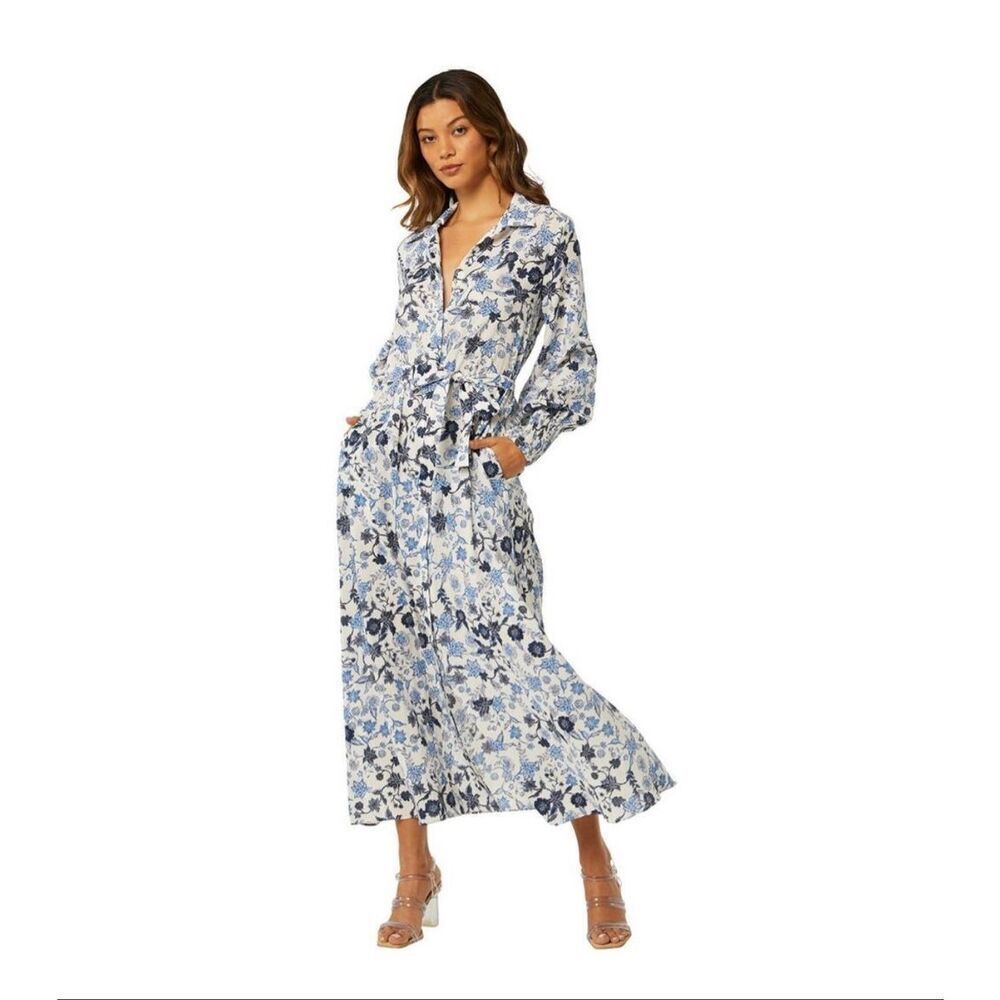MISA Los Angeles Bettina Maxi Dress Menara Petals S White Blue Belted Long Sleev